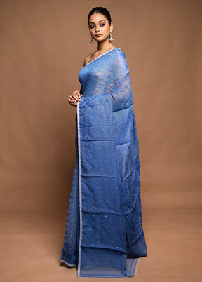 Blue Tant Jamdani Saree Without Blouse Piece