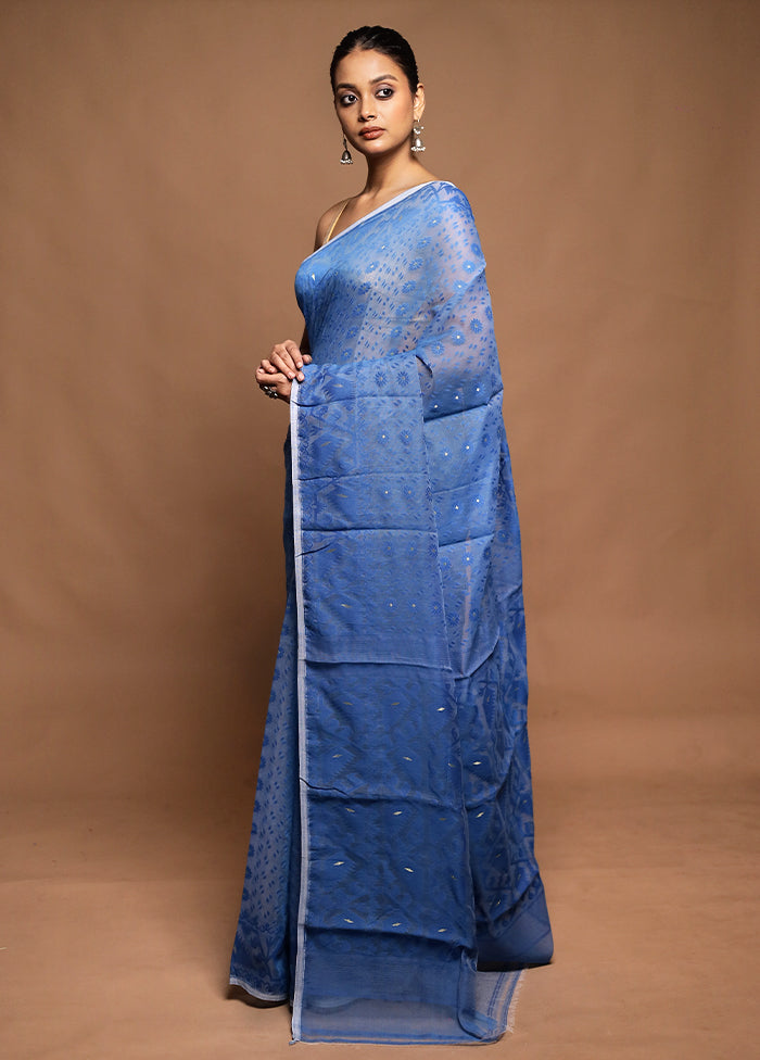Blue Tant Jamdani Saree Without Blouse Piece