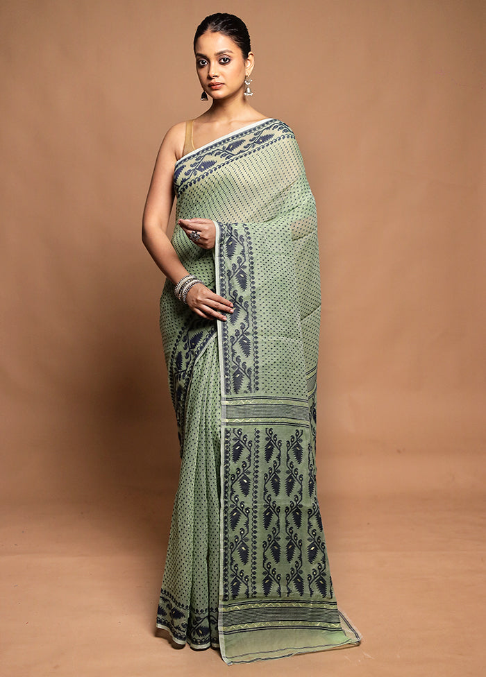 Green Tant Jamdani Saree Without Blouse Piece