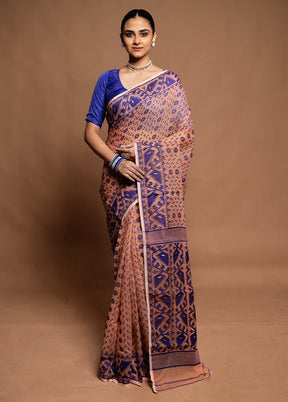 Peach Tant Jamdani Saree Without Blouse Piece