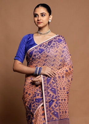 Peach Tant Jamdani Saree Without Blouse Piece
