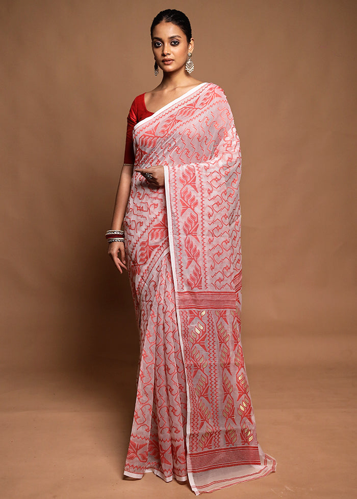 White Tant Jamdani Saree Without Blouse Piece