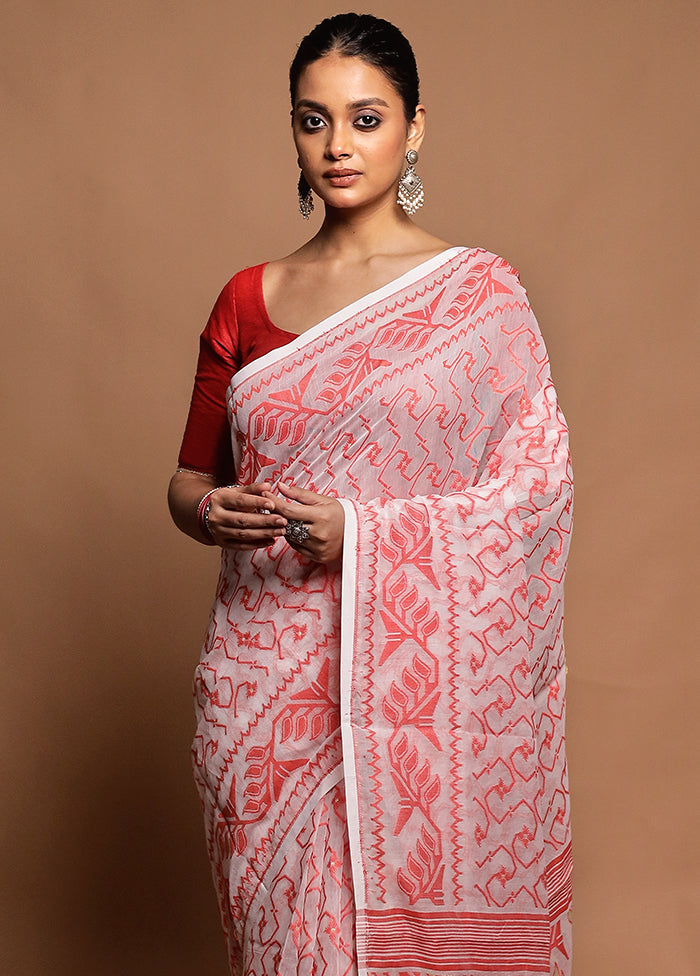 White Tant Jamdani Saree Without Blouse Piece