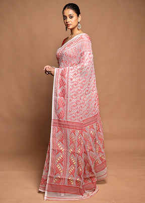 White Tant Jamdani Saree Without Blouse Piece