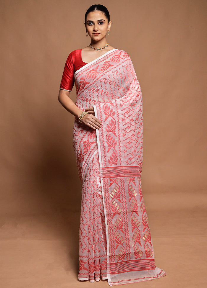 White Tant Jamdani Saree Without Blouse Piece