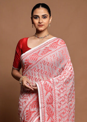 White Tant Jamdani Saree Without Blouse Piece