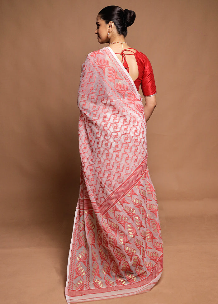 White Tant Jamdani Saree Without Blouse Piece