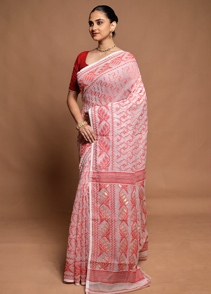 White Tant Jamdani Saree Without Blouse Piece