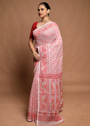 White Tant Jamdani Saree Without Blouse Piece