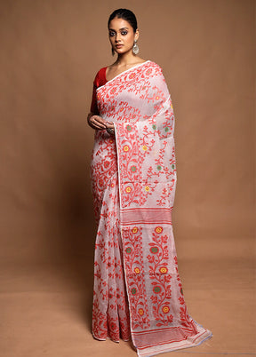 White Tant Jamdani Saree Without Blouse Piece