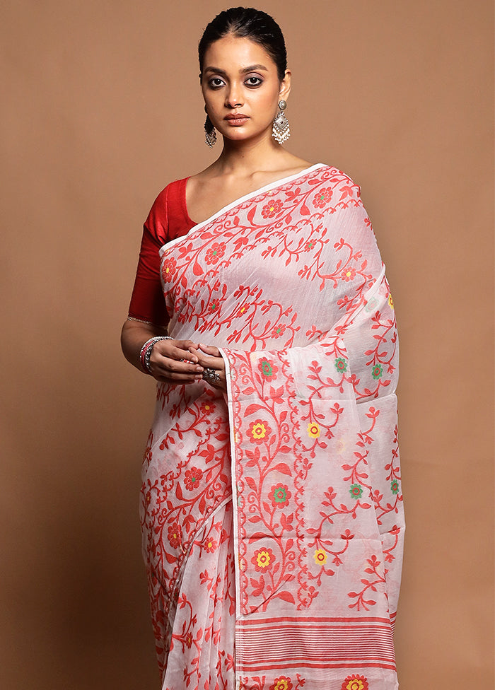White Tant Jamdani Saree Without Blouse Piece