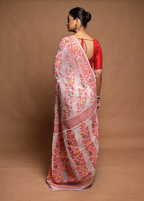 White Tant Jamdani Saree Without Blouse Piece