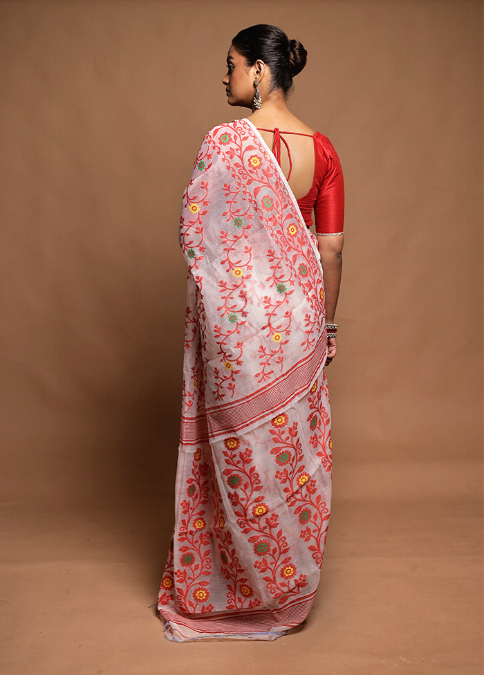 White Tant Jamdani Saree Without Blouse Piece
