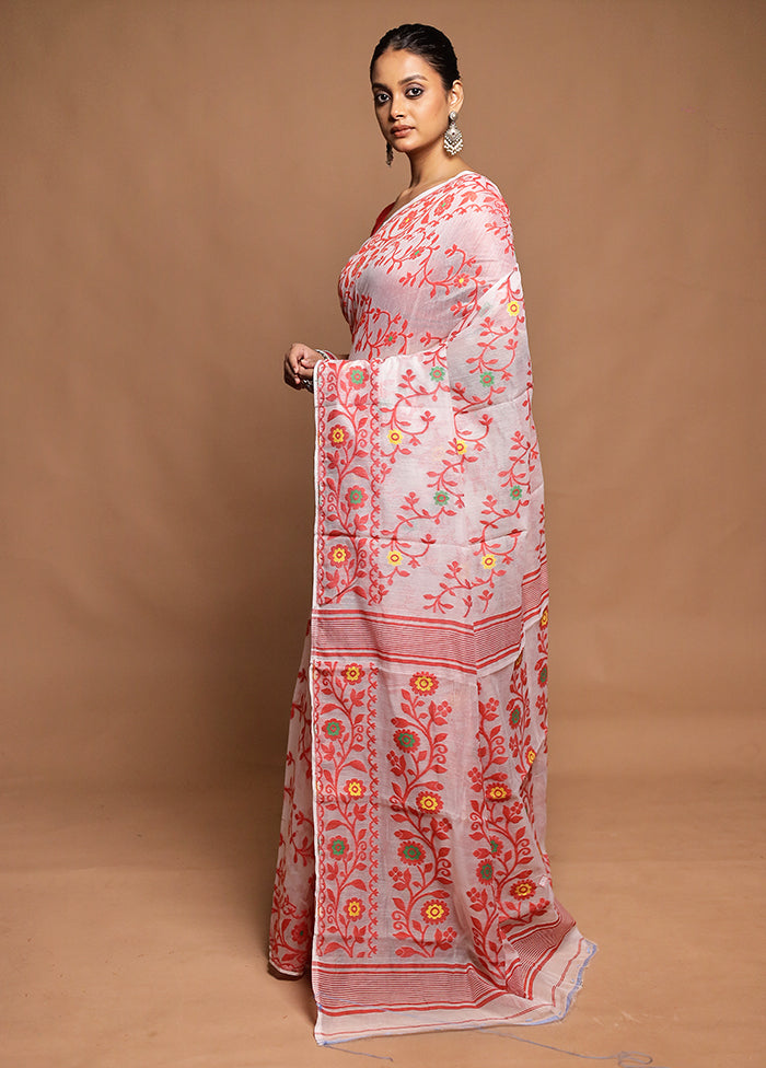 White Tant Jamdani Saree Without Blouse Piece