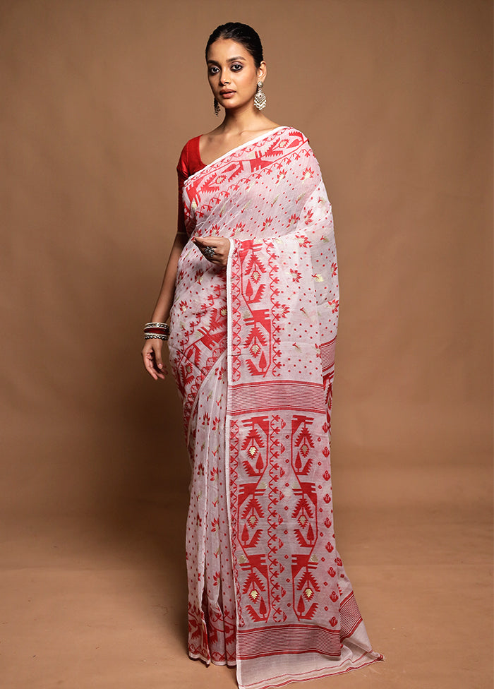 White Tant Jamdani Saree Without Blouse Piece