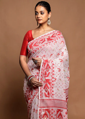 White Tant Jamdani Saree Without Blouse Piece