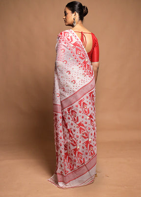 White Tant Jamdani Saree Without Blouse Piece