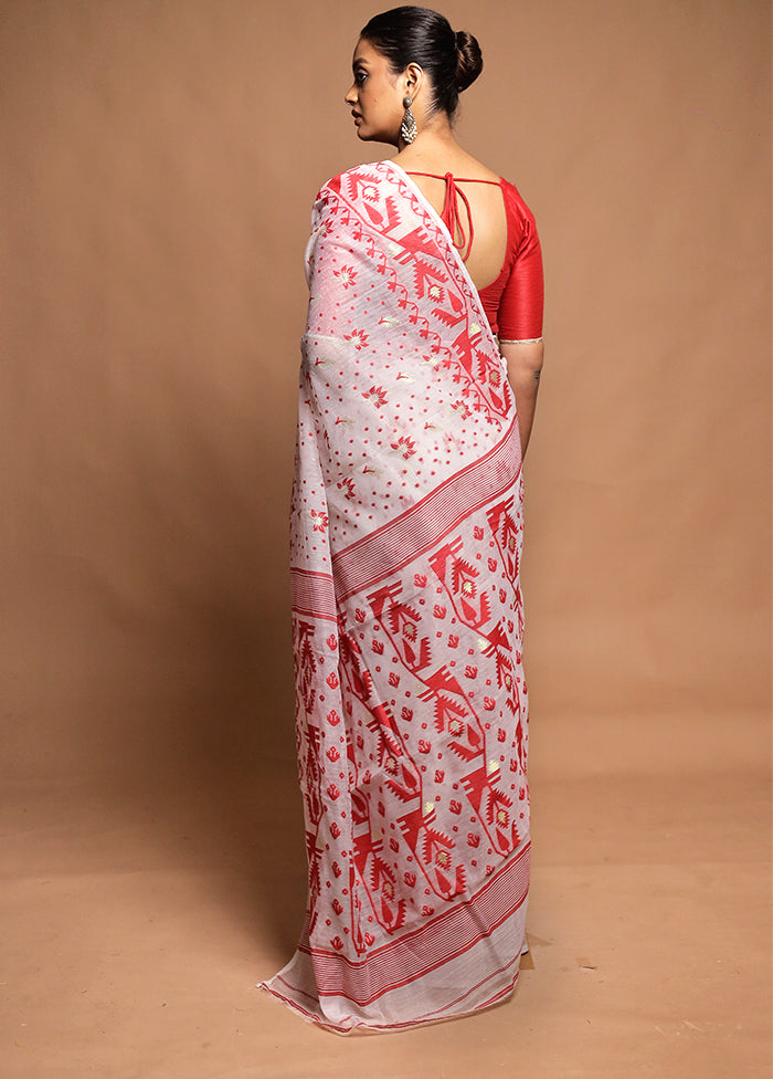 White Tant Jamdani Saree Without Blouse Piece