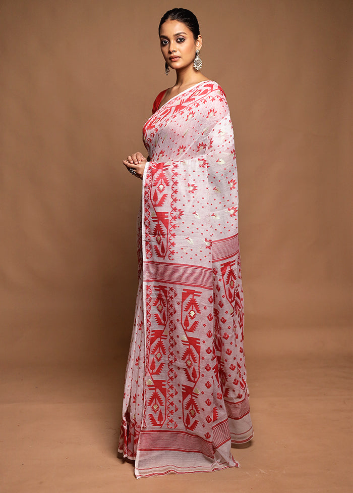 White Tant Jamdani Saree Without Blouse Piece