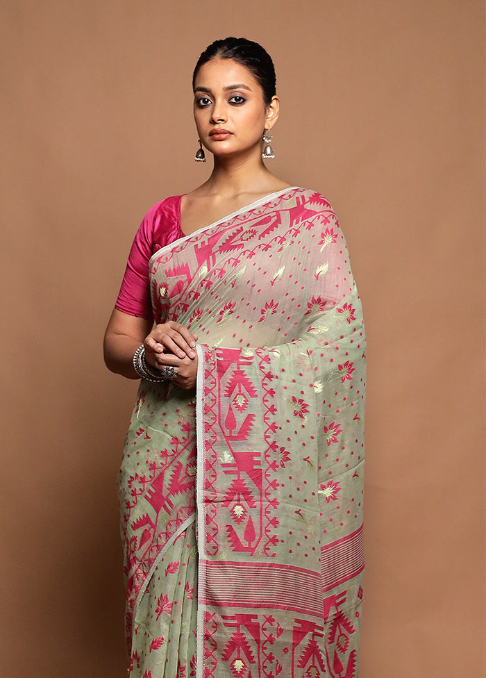 Green Tant Jamdani Saree Without Blouse Piece