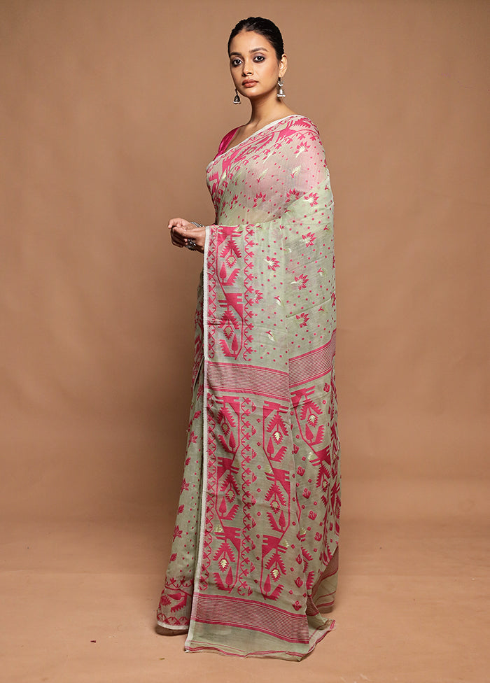 Green Tant Jamdani Saree Without Blouse Piece