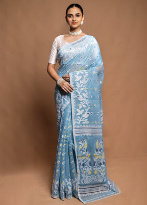 Blue Tant Jamdani Saree Without Blouse Piece