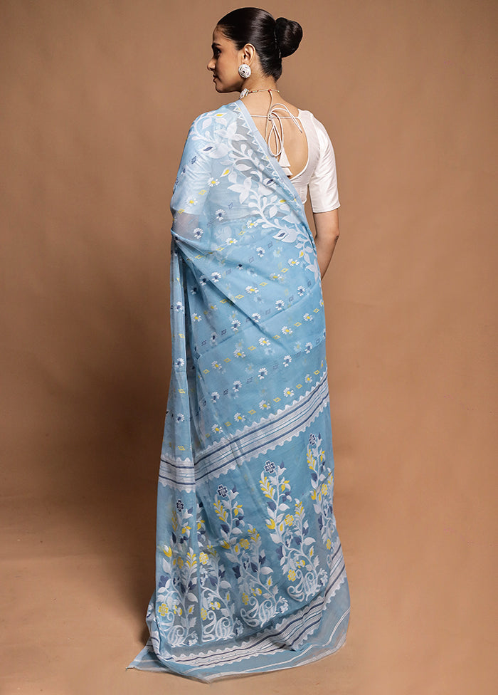 Blue Tant Jamdani Saree Without Blouse Piece