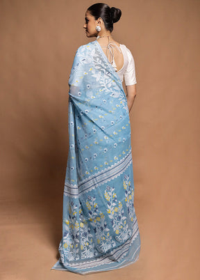Blue Tant Jamdani Saree Without Blouse Piece