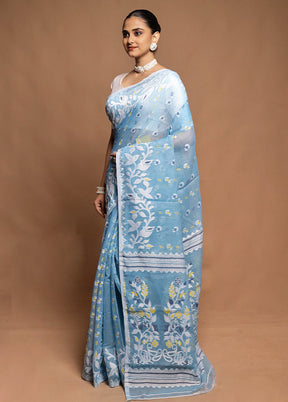 Blue Tant Jamdani Saree Without Blouse Piece