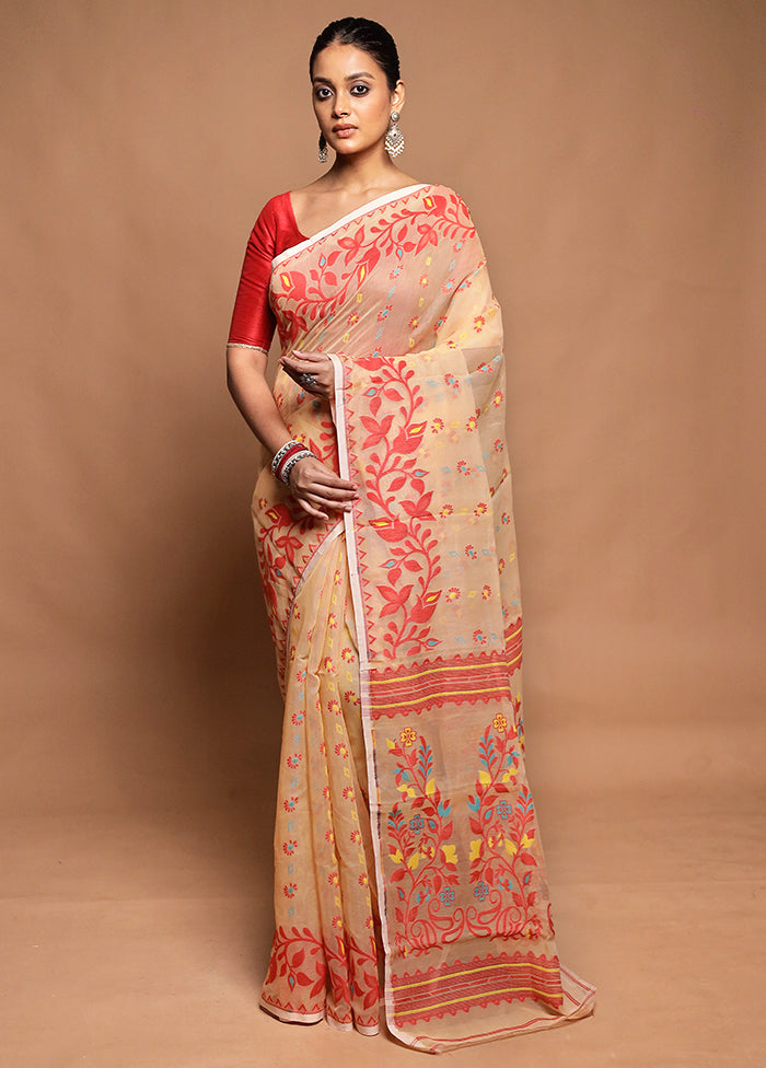 Cream Tant Jamdani Saree Without Blouse Piece