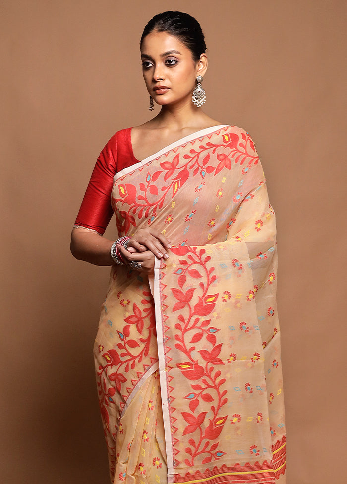 Cream Tant Jamdani Saree Without Blouse Piece