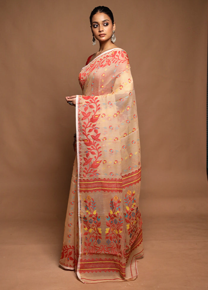 Cream Tant Jamdani Saree Without Blouse Piece