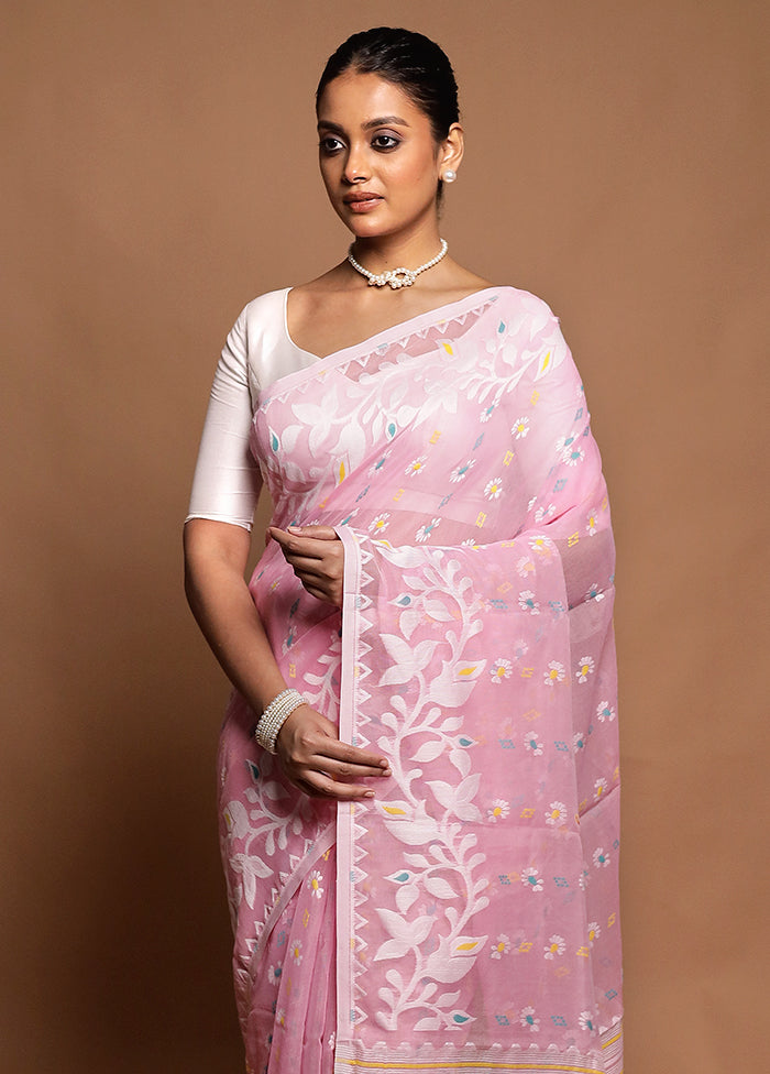 Pink Tant Jamdani Saree Without Blouse Piece