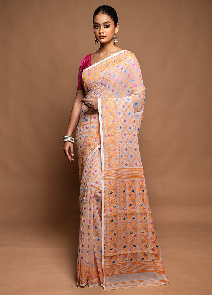 White Tant Jamdani Saree Without Blouse Piece