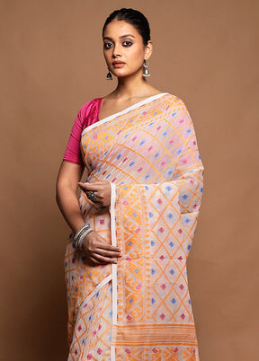 White Tant Jamdani Saree Without Blouse Piece