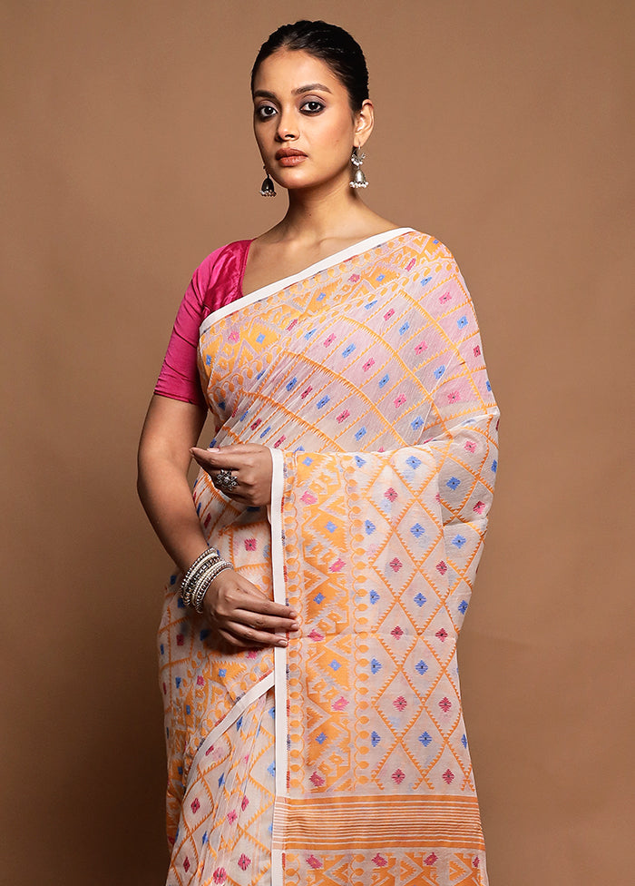 White Tant Jamdani Saree Without Blouse Piece