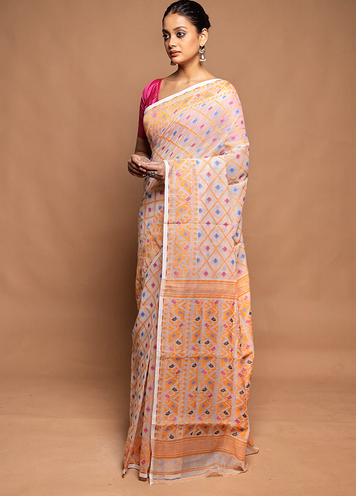 White Tant Jamdani Saree Without Blouse Piece