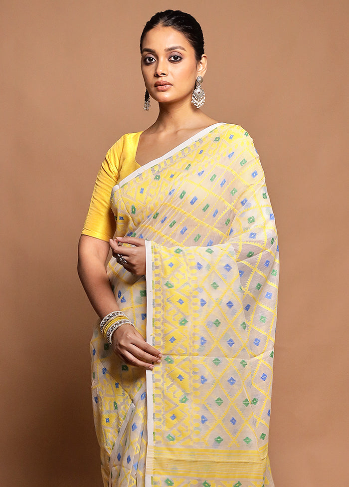 White Tant Jamdani Saree Without Blouse Piece