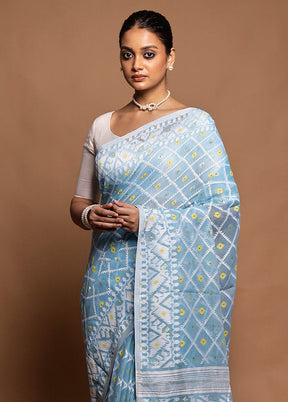 Blue Tant Jamdani Saree Without Blouse Piece