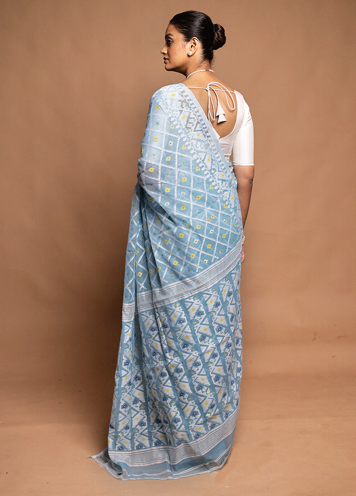 Blue Tant Jamdani Saree Without Blouse Piece