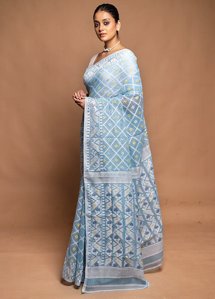 Blue Tant Jamdani Saree Without Blouse Piece