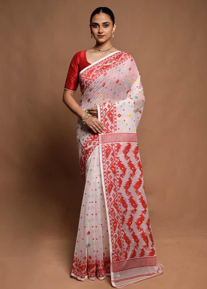 White Tant Jamdani Saree Without Blouse Piece