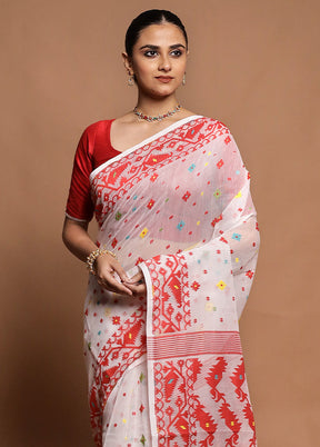 White Tant Jamdani Saree Without Blouse Piece