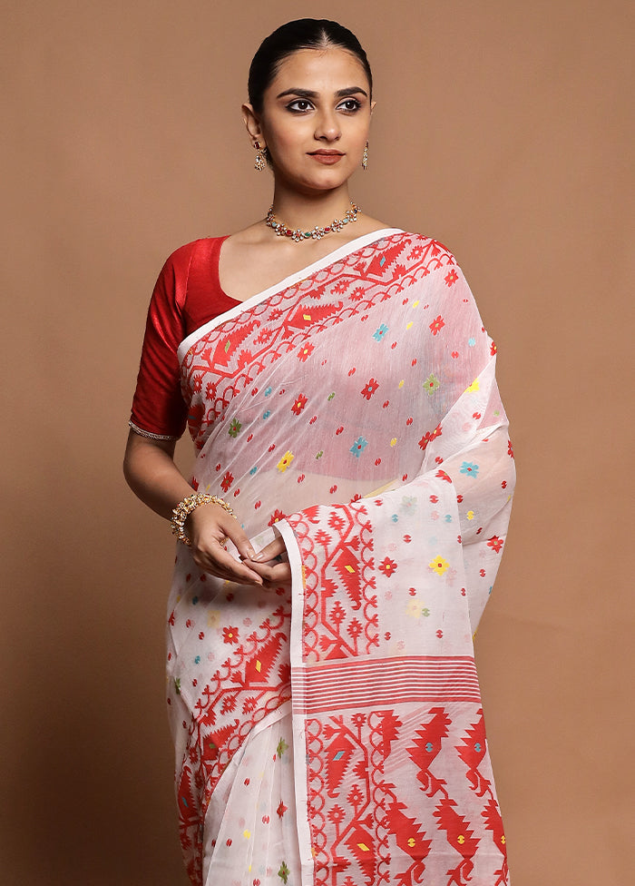 White Tant Jamdani Saree Without Blouse Piece