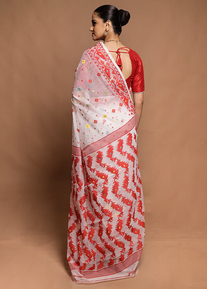 White Tant Jamdani Saree Without Blouse Piece
