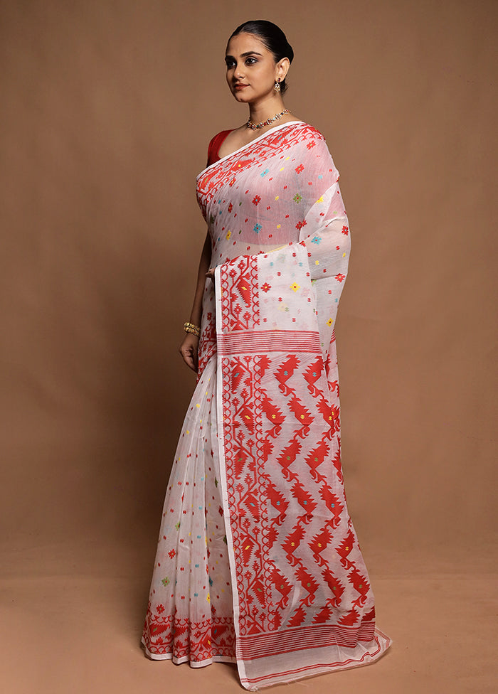 White Tant Jamdani Saree Without Blouse Piece