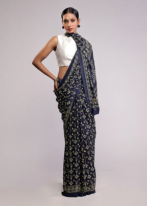 Blue Printed Silk Saree Without Blouse Piece