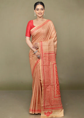 Cream Handloom Kantha Stitch Pure Silk Saree With Blouse Piece