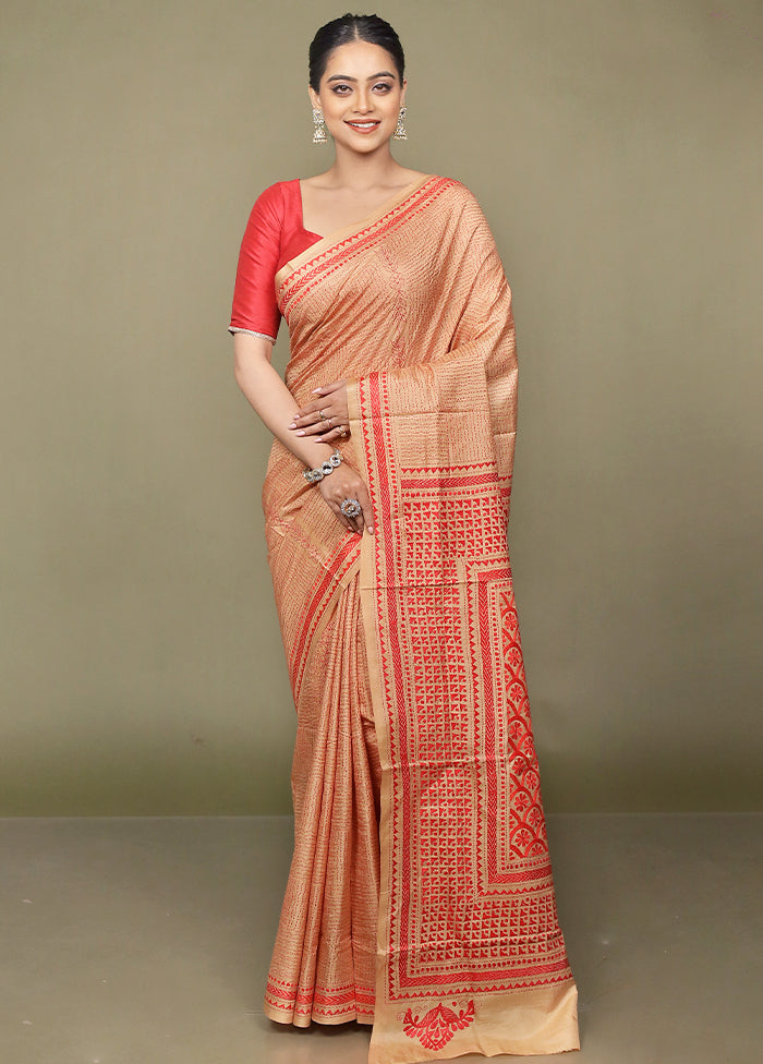 Cream Handloom Kantha Stitch Pure Silk Saree With Blouse Piece