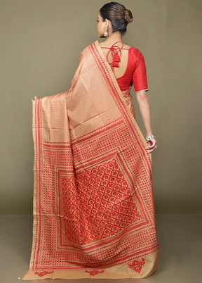 Cream Handloom Kantha Stitch Pure Silk Saree With Blouse Piece